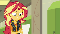 Size: 1920x1080 | Tagged: safe, screencap, sunset shimmer, equestria girls, equestria girls specials, g4, my little pony equestria girls: better together, my little pony equestria girls: forgotten friendship, female, paper, solo