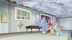 Size: 1280x720 | Tagged: safe, screencap, bow hothoof, scootaloo, windy whistles, pegasus, pony, g4, parental glideance, camera, cloud, female, filly, foal, interior, male, mare, picture, stallion, trio