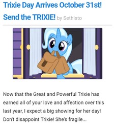Size: 717x794 | Tagged: safe, trixie, pony, unicorn, equestria daily, g4, to where and back again, cute, cutie mark, diatrixes, female, halloween, holiday, mare, mouth hold, saddle bag, sethisto, solo, text, to saddlebags and back again, trixie day