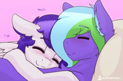 Size: 1500x987 | Tagged: safe, artist:whisperfoot, oc, oc only, oc:weldbead, pegasus, pony, blushing, chest fluff, cuddling, cute, ear fluff, gay, hug, male, nuzzling, oc x oc, patreon, patreon reward, pillow, pink background, shipping, simple background, sleeping, smiling, wings