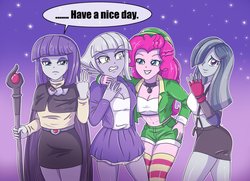 Size: 4096x2970 | Tagged: safe, artist:sumin6301, limestone pie, marble pie, maud pie, pinkie pie, equestria girls, g4, annoyed, belly button, choker, clothes, cosplay, costume, cute, equestria girls-ified, female, final fantasy, final fantasy vii, grin, halloween, hat, holiday, hug, jacket, looking at you, microskirt, midriff, miniskirt, one of these things is not like the others, pants, pie sisters, shorts, siblings, sisters, skirt, slayers, smiling, socks, striped socks, suspenders, thigh highs, thigh socks, thighs, tifa lockhart, xellos