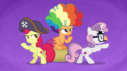 Size: 1280x720 | Tagged: safe, screencap, apple bloom, scootaloo, sweetie belle, earth pony, pony, g4, hard to say anything, clown wig, cutie mark crusaders, glasses, groucho mask, hat, pirate hat