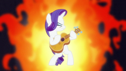 Size: 1280x720 | Tagged: safe, screencap, rarity, pony, g4, honest apple, bipedal, female, fire, guitar, guitarity, mare, musical instrument, solo