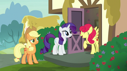 Size: 1280x720 | Tagged: safe, screencap, applejack, rarity, strawberry sunrise, earth pony, pegasus, pony, unicorn, g4, honest apple, happy, house