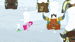 Size: 1280x720 | Tagged: safe, screencap, gummy, pinkie pie, prince rutherford, pony, yak, g4, not asking for trouble, snow, unnamed character, unnamed yak
