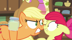 Size: 1280x720 | Tagged: safe, screencap, apple bloom, applejack, earth pony, pony, g4, the perfect pear, angry, boop, bottle, dishonorapple, duo, female, filly, foal, mare, nose to nose, nose wrinkle, noseboop, pear jam, shocked