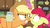 Size: 1280x720 | Tagged: safe, screencap, apple bloom, applejack, earth pony, pony, g4, my little pony: friendship is magic, the perfect pear, angry, boop, bottle, dishonorapple, duo, female, filly, foal, mare, nose to nose, nose wrinkle, noseboop, pear jam, shocked