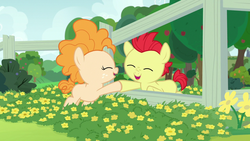 Size: 1280x720 | Tagged: safe, screencap, bright mac, pear butter, earth pony, pony, g4, the perfect pear, baby, baby pony, brightabetes, cute, fence, foal, pearabetes, smiling, younger