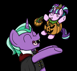 Size: 4287x3966 | Tagged: safe, artist:bobthedalek, firelight, starlight glimmer, pony, unicorn, g4, black background, bobthedalek is trying to murder us, bucket, candy, cape, clothes, costume, cute, dracula, duo, father and daughter, female, filly, filly starlight glimmer, foal, food, glimmerbetes, halloween, hnnng, holiday, jack-o-lantern, jacket, male, nightmare night, pumpkin, simple background, stallion, upsies, younger