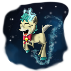 Size: 2000x2021 | Tagged: safe, artist:chopsticks, alice the reindeer, deer, reindeer, g4, my little pony best gift ever, bell, bow, chest fluff, deer magic, eyes closed, female, flying, high res, hoof fluff, magic, night, open mouth, prancing, smiling, solo, telekinesis