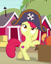 Size: 511x637 | Tagged: safe, screencap, apple bloom, earth pony, pony, g4, hard to say anything, bipedal, bipedal leaning, cute, dressup, female, filly, hat, hay bale, leaning, pirate hat, smiling, solo focus, sweet apple acres