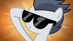 Size: 1280x720 | Tagged: safe, screencap, rumble, pegasus, pony, g4, marks and recreation, colt, male, orange background, solo, sunglasses