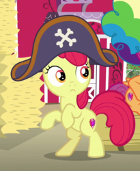 Size: 474x578 | Tagged: safe, screencap, apple bloom, earth pony, pony, g4, bipedal, cropped, female, filly, hat, hay bale, pirate hat, solo focus, sweet apple acres