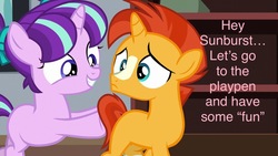 Size: 1280x720 | Tagged: safe, edit, edited screencap, screencap, starlight glimmer, sunburst, pony, unicorn, g4, uncommon bond, age regression, blank flank, bookshelf, caption, colt, colt sunburst, female, filly, filly starlight glimmer, image macro, imminent foalcon, imminent sex, implied sex, innuendo, male, meme, out of context, pushing, ship:starburst, shipping, smiling, straight, text, younger