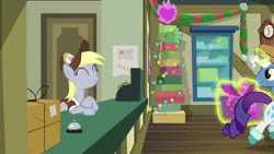 Size: 1920x1080 | Tagged: safe, screencap, derpy hooves, pokey pierce, rarity, pegasus, pony, unicorn, best gift ever, g4, animated, cute, derpabetes, dropping, eyes closed, female, frown, glare, levitation, lidded eyes, magic, male, mare, post office, present, smiling, sound, spread wings, stallion, telekinesis, unamused, walking, webm, wings