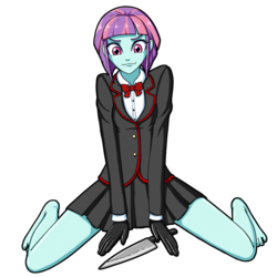 Size: 3000x3000 | Tagged: safe, artist:artemis-polara, sunny flare, equestria girls, g4, barefoot, bowtie, clothes, cosplay, costume, feet, female, gloves, high res, knife, legs, miniskirt, nemesis-chan, pleated skirt, school uniform, schoolgirl, simple background, skirt, smiling, solo, transparent background, yandere simulator