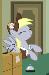 Size: 586x889 | Tagged: safe, edit, edited screencap, screencap, derpy hooves, pegasus, pony, best gift ever, g4, animated, cropped, cute, derpabetes, eyes closed, female, gif, hat, mailmare hat, mare, post office, reversed, smiling, solo