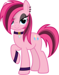 Size: 3509x4500 | Tagged: safe, artist:slb94, pinkie pie, earth pony, pony, g4, alternate hairstyle, armband, bracelet, collar, dog tags, ear piercing, earring, eyeshadow, female, goth, jewelry, looking at you, makeup, piercing, raised hoof, simple background, smiling, solo, transparent background, vector