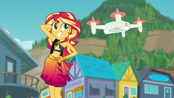 Size: 1920x1080 | Tagged: safe, screencap, sunset shimmer, equestria girls, equestria girls specials, g4, my little pony equestria girls: better together, my little pony equestria girls: forgotten friendship, belly button, clothes, female, geode of empathy, magical geodes, midriff, sarong, selfie drone, solo, sunset selfie, swimsuit