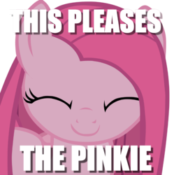 Size: 800x802 | Tagged: safe, pinkie pie, earth pony, pony, g4, cute, cuteamena, female, image macro, meme, pinkamena diane pie, simple background, smiling, solo, text, this pleases meme, transparent background