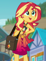 Size: 683x914 | Tagged: safe, screencap, sunset shimmer, equestria girls, equestria girls specials, g4, my little pony equestria girls: better together, my little pony equestria girls: forgotten friendship, belly button, clothes, cropped, female, geode of empathy, magical geodes, satchel, solo, swimsuit