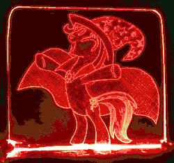 Size: 1065x1000 | Tagged: safe, artist:malte279, trixie, pony, g4, acrylic glass, acrylic plastic, acrylight, animated, cape, clothes, color cycling, craft, engraving, female, hat, led, low frequency flashing, multi colored, plexiglass, solo, trixie's cape, trixie's hat