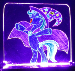 Size: 1065x1000 | Tagged: safe, artist:malte279, trixie, pony, g4, acrylic glass, acrylic plastic, acrylight, cape, clothes, craft, engraving, female, hat, led, multi colored, plexiglass, solo, trixie's cape, trixie's hat