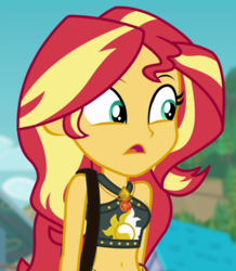 Size: 862x990 | Tagged: safe, screencap, sunset shimmer, equestria girls, equestria girls series, forgotten friendship, g4, belly button, bikini, bikini top, clothes, cropped, female, geode of empathy, magical geodes, midriff, solo, swimsuit
