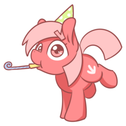 Size: 1280x1280 | Tagged: safe, artist:sugar morning, oc, oc only, oc:downvote, earth pony, pony, derpibooru, birthday, chibi, cute, derpibooru ponified, downvote, meta, party, party whistle, ponified, simple background, solo, standing, transparent background