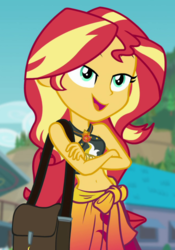 Size: 670x959 | Tagged: safe, screencap, sunset shimmer, equestria girls, equestria girls specials, g4, my little pony equestria girls: better together, my little pony equestria girls: forgotten friendship, bag, belly button, clothes, cropped, crossed arms, female, geode of empathy, magical geodes, midriff, sleeveless, solo, swimsuit