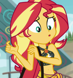 Size: 1007x1078 | Tagged: safe, screencap, sunset shimmer, equestria girls, equestria girls specials, g4, my little pony equestria girls: better together, my little pony equestria girls: forgotten friendship, belly button, clothes, cropped, female, geode of empathy, magical geodes, midriff, solo, swimsuit