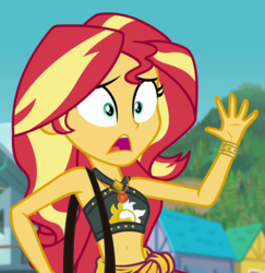 Size: 1046x1078 | Tagged: safe, screencap, sunset shimmer, equestria girls, equestria girls series, forgotten friendship, g4, belly button, clothes, cropped, female, midriff, solo, swimsuit