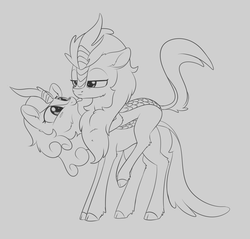 Size: 1416x1353 | Tagged: safe, artist:dusthiel, autumn blaze, kirin, g4, sounds of silence, :p, female, gray background, grayscale, licking, monochrome, ponies riding ponies, quadrupedal, riding, silly, simple background, tongue out