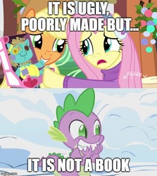 Size: 500x561 | Tagged: safe, edit, edited screencap, screencap, applejack, fluttershy, holly the hearths warmer doll, spike, dragon, pony, g4, my little pony best gift ever, winter wrap up, clothes, female, male, mare, winter outfit