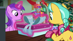 Size: 1280x720 | Tagged: safe, screencap, amethyst star, citrine spark, fire quacker, sparkler, earth pony, pony, unicorn, best gift ever, g4, braid, clothes, duo, female, friendship student, glowing horn, horn, magic, magic aura, mare, present, scarf, striped scarf, telekinesis, winter outfit