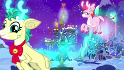 Size: 1280x720 | Tagged: safe, screencap, alice the reindeer, aurora the reindeer, bori the reindeer, deer, reindeer, best gift ever, g4, cloven hooves, female, flying, glowing antlers, school of friendship, smiling, snow, snowfall, the gift givers, trio, twilight's castle, winter
