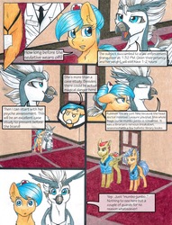 Size: 1950x2550 | Tagged: safe, artist:tillie-tmb, oc, oc only, oc:epsilon saltz, oc:merry rhymes, classical hippogriff, earth pony, hippogriff, pony, comic:the amulet of shades, clothes, comic, female, lab coat, male, mare, traditional art