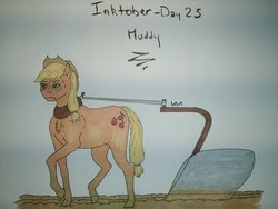 Size: 1024x768 | Tagged: safe, artist:0-van-0, applejack, earth pony, pony, g4, chest fluff, cutie mark, farming, female, freckles, hat, mud, muddy, solo, sweat, traditional art