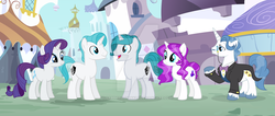 Size: 1024x435 | Tagged: safe, artist:sapphiretwinkle, fancypants, rarity, oc, oc:blue stone, oc:crystal gem, oc:diamond heart, pony, unicorn, g4, clothes, facial hair, family, female, male, mare, monocle, moustache, offspring, parent:fancypants, parent:rarity, parents:raripants, ship:raripants, shipping, siblings, smiling, stallion, straight, suit, twin brothers, twins