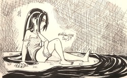Size: 1280x790 | Tagged: safe, artist:animana21, aria blaze, equestria girls, g4, barefoot, bed, bedsheets, clothes, feet, female, grumpy, inktober, lidded eyes, long hair, loose hair, monochrome, panties, profile, sitting, solo, striped underwear, tank top, underwear
