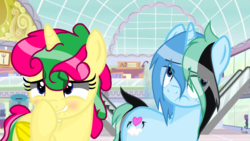 Size: 1200x675 | Tagged: safe, anonymous artist, oc, oc:silver note, alicorn, pony, alicorn oc, escalator, fake screencap, glass ceiling, interior