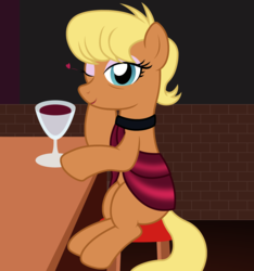 Size: 1987x2121 | Tagged: safe, artist:badumsquish, derpibooru exclusive, ms. harshwhinny, earth pony, pony, g4, alcohol, bar, clothes, cocktail dress, cougar, counter, dress, drink, eyeshadow, female, flirting, heart, lipstick, looking at you, makeup, one eye closed, show accurate, sitting, smiling, solo, stool, wine, wink