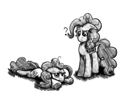 Size: 3744x2720 | Tagged: safe, artist:tkitten16, mean pinkie pie, pinkie pie, pony, g4, the mean 6, clone, confused, duo, high res, inktober, inktober 2018, lying down, monochrome, simple background
