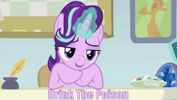 Size: 600x338 | Tagged: safe, edit, edited screencap, editor:quillian inkheart, screencap, starlight glimmer, pony, unicorn, g4, marks for effort, animated, chocolate, empathy cocoa, female, food, gif, glowing horn, horn, hot chocolate, levitation, magic, mare, marshmallow, poison, solo, telekinesis, text