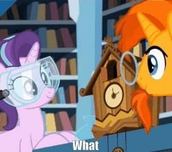 Size: 559x495 | Tagged: safe, edit, edited screencap, editor:quillian inkheart, screencap, princess flurry heart, starlight glimmer, sunburst, alicorn, pony, unicorn, celestial advice, g4, animated, clock, cuckoo clock, cute, facial hair, female, flurrybetes, foal, gif, goatee, goggles, leaning, looking at something, loop, male, mare, open mouth, safety goggles, smiling, spread wings, stallion, text, wat, what have you done?!, wings
