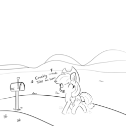 Size: 1280x1280 | Tagged: safe, artist:tjpones, applejack, earth pony, pony, g4, applejack's hat, cowboy hat, cute, female, grayscale, hat, hill, jackabetes, john denver, mailbox, monochrome, solo, song, song reference, stetson, take me home country roads