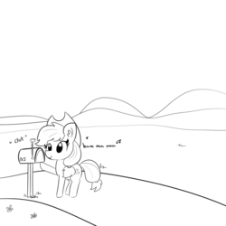 Size: 1280x1280 | Tagged: safe, artist:tjpones, applejack, earth pony, pony, g4, applejack's hat, cowboy hat, female, grayscale, hat, hill, humming, mailbox, mare, monochrome, road, solo, stetson, text