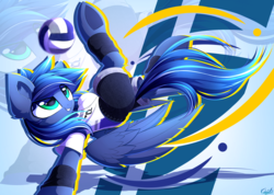 Size: 3636x2592 | Tagged: safe, artist:kaleido-art, oc, oc only, oc:lightning flare, pegasus, pony, ball, clothes, commission, ear fluff, high res, male, shirt, shorts, signature, smiling, solo, sports, volleyball, wristband, zoom layer
