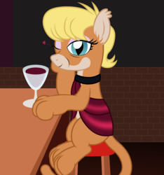 Size: 1987x2121 | Tagged: safe, artist:badumsquish, derpibooru exclusive, ms. harshwhinny, cat pony, cougar (animal), cougar pony, earth pony, original species, pony, g4, alcohol, bar, clothes, cocktail dress, cougar, counter, dress, drink, eyeshadow, female, flirting, heart, lipstick, looking at you, makeup, one eye closed, paws, ponified, pun, show accurate, sitting, slit pupils, smiling, solo, species swap, stool, two toned coat, visual pun, wine, wink