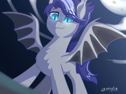 Size: 1707x1280 | Tagged: safe, artist:oofycolorful, oc, oc only, bat pony, pony, bat pony oc, female, full moon, mare, moon, night, slit pupils, solo, spread wings, wings